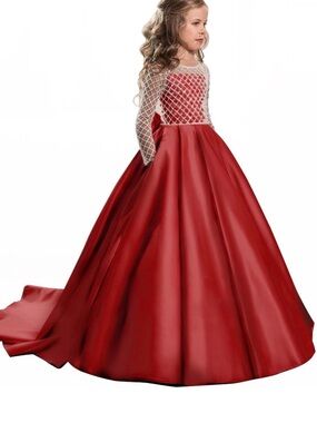 NWOT ABaoWedding Red Long Sleeve Flower Girl Dress with Beaded Bodice